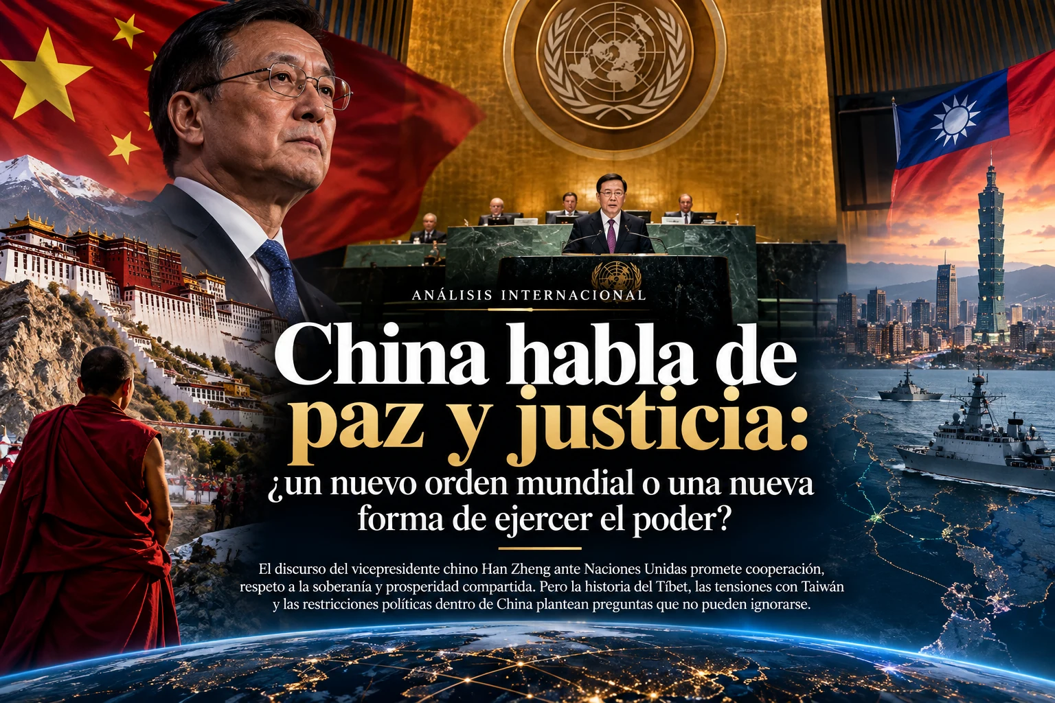 Composición editorial sobre China y el nuevo orden mundial, con referencias al discurso de Han Zheng ante Naciones Unidas, el Tíbet, Taiwán y las tensiones internacionales.