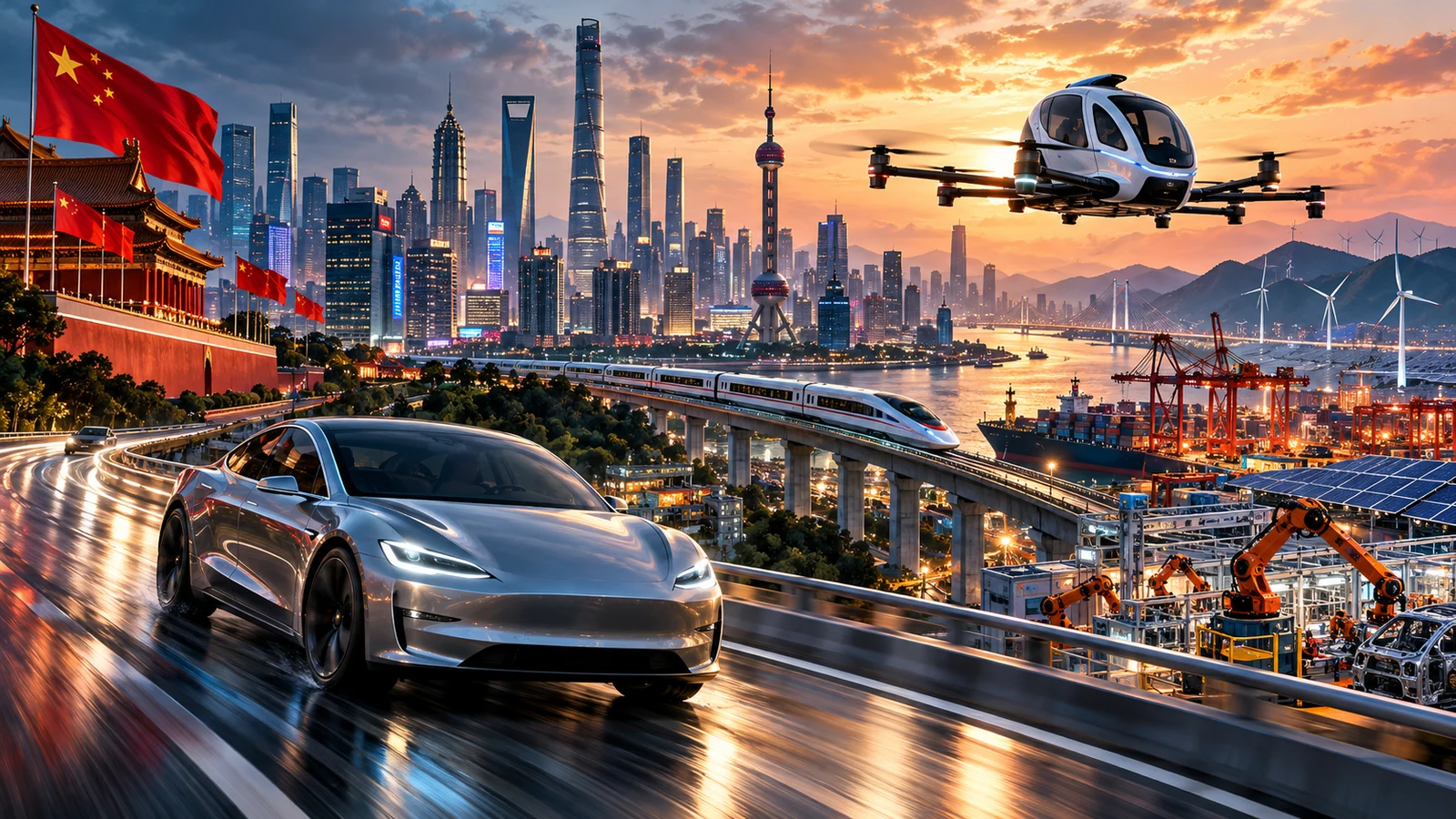 Composición editorial generada con IA: automóvil eléctrico, aeronave, tren e industria ante una metrópoli china al atardecer.