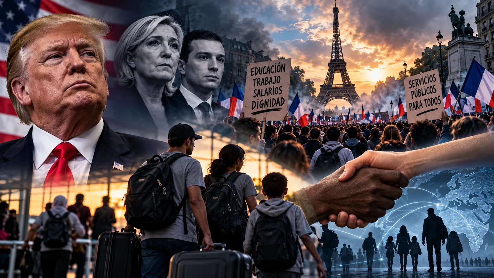 Composición editorial sobre las protestas en Francia y la migración, con Donald Trump, dirigentes políticos franceses, manifestantes en París y familias migrantes.