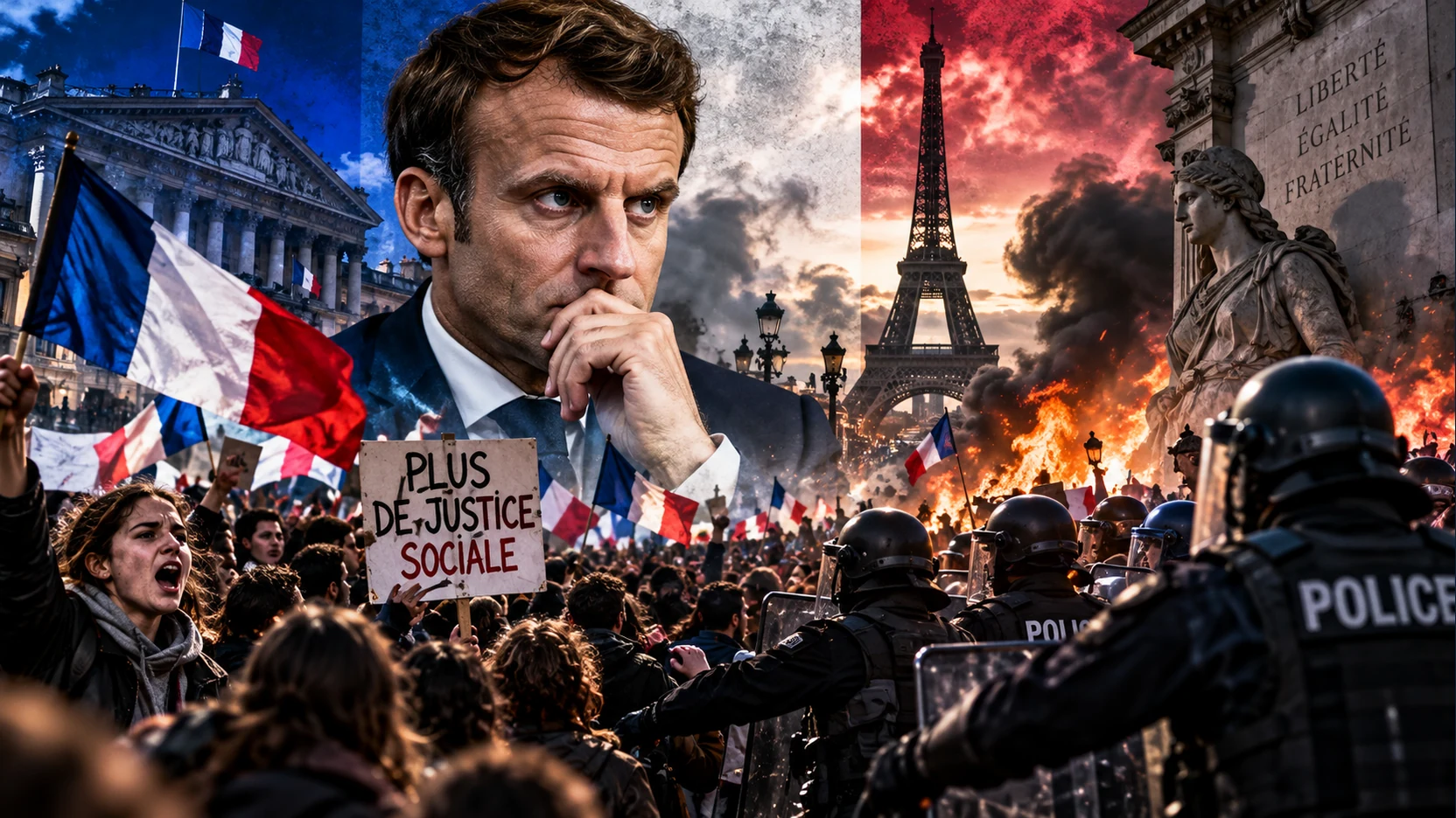 Composición editorial sobre las protestas francesas con Emmanuel Macron, manifestantes, policías y símbolos de Francia.