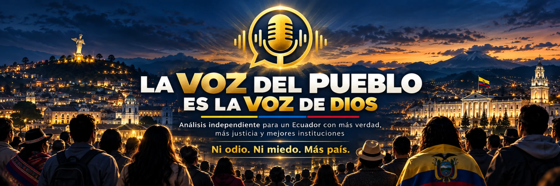 Identidad gráfica de La Voz del Pueblo: ciudadanía ecuatoriana y Quito al atardecer