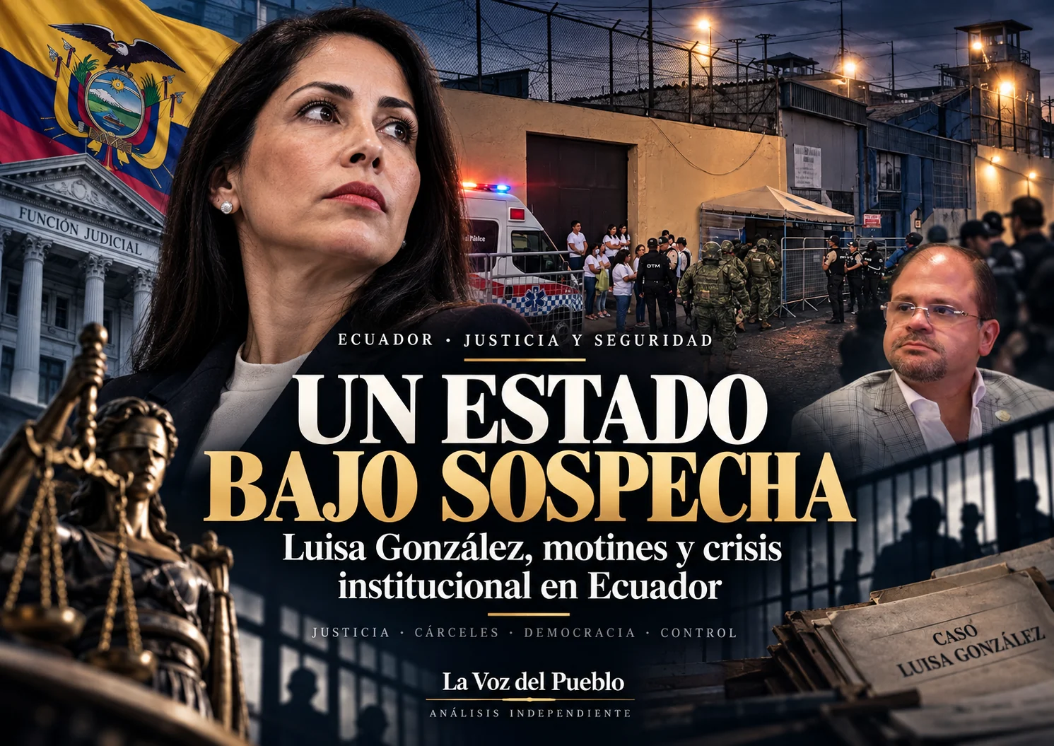 Composición editorial sobre la crisis política y penitenciaria de Ecuador, con referencias a Luisa González, la justicia, los centros carcelarios y la seguridad nacional.