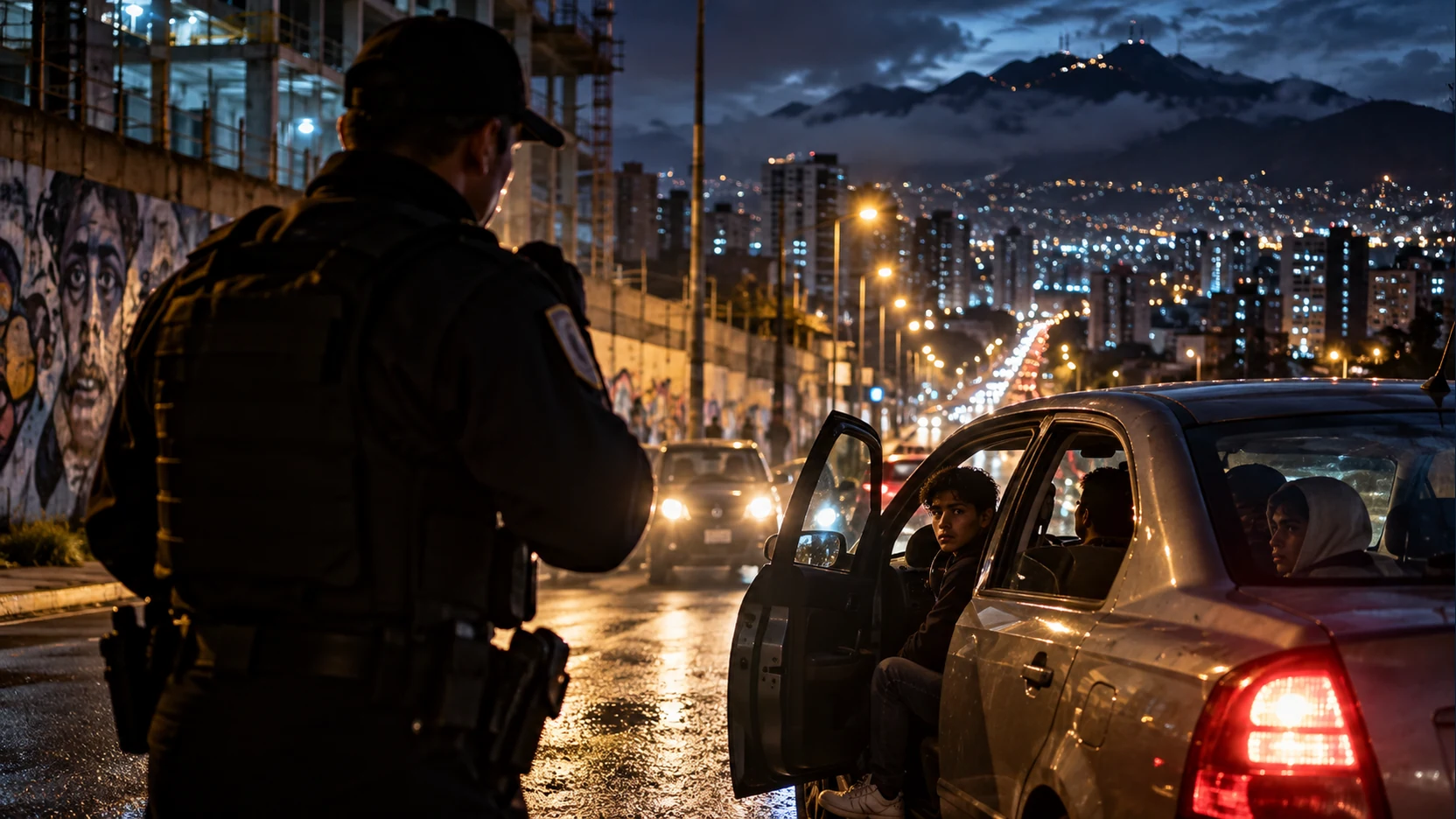 Ilustración nocturna ambientada en Quito que muestra a un guardia de seguridad frente a un vehículo ocupado por jóvenes, en una escena de tensión.